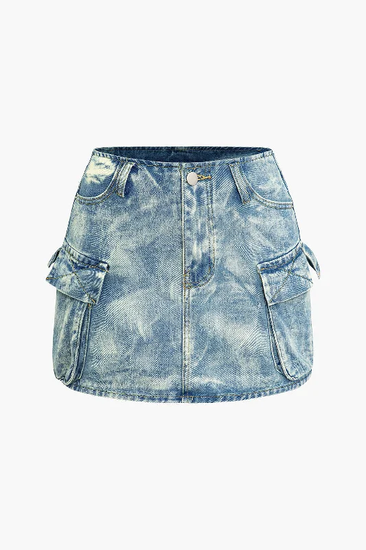 Tie Dye Denim Pocket Zipper Mini Skirt