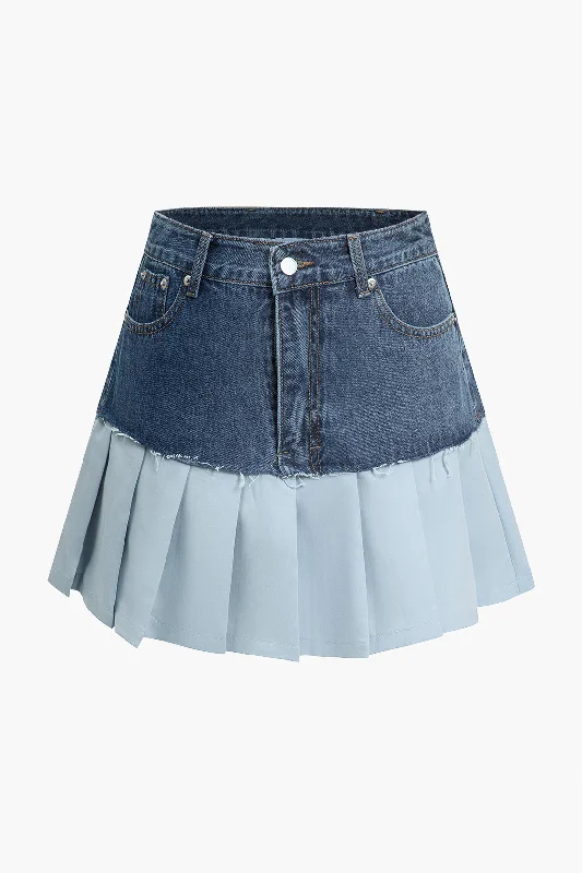 Patchwork Denim Pleated Mini Skirt