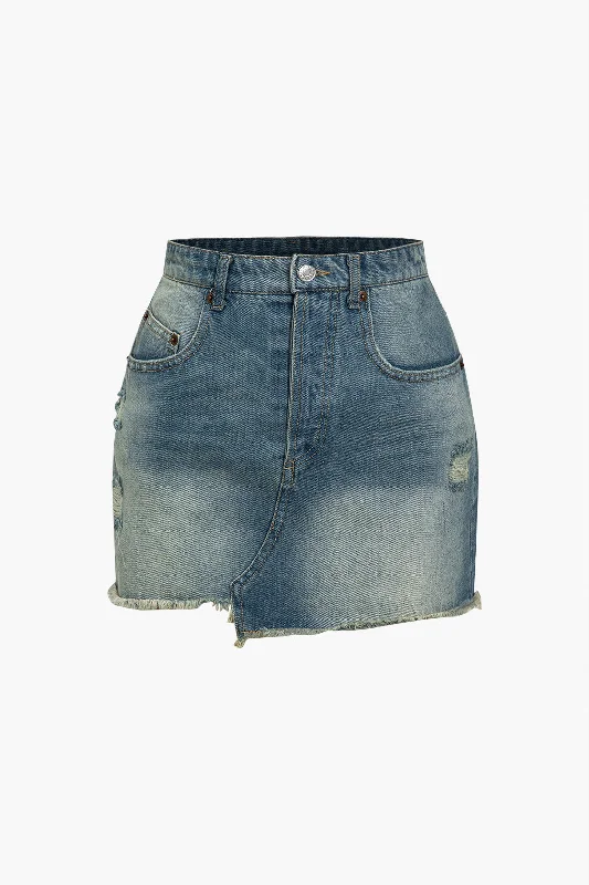 Solid Washed Denim Skirt With Pocket And Frayed Detail