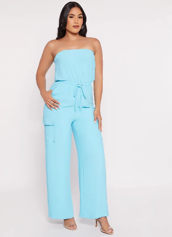 Haute Monde Strapless Drawstring Cargo Pocket Jumpsuit