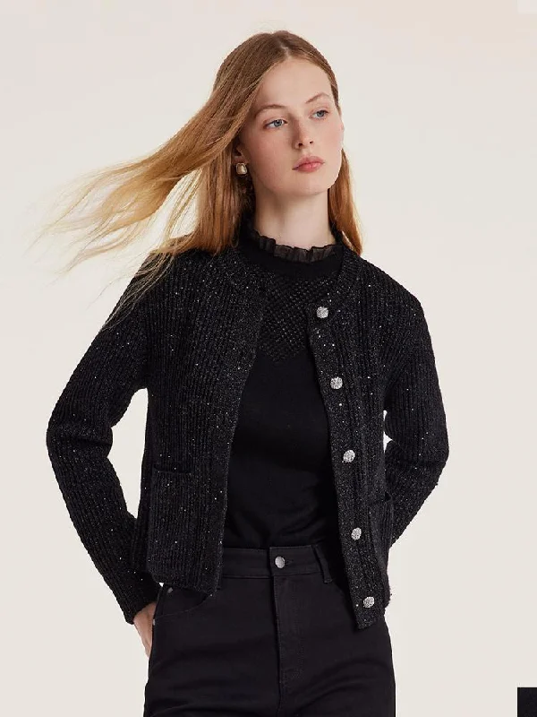 Black Sequins Wool Women Cardigan