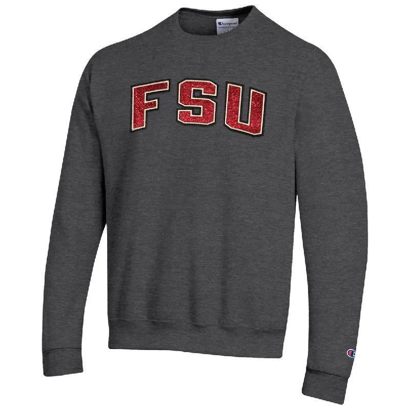 Champion Women's FSU Glitter Twill Design Powerblend Crew Fleece - Granite