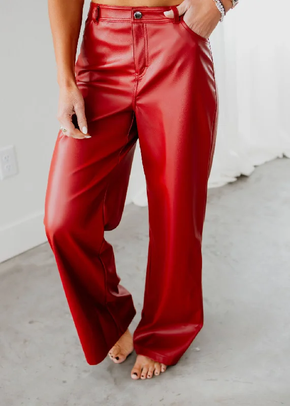 Cherry Faux Leather Straight Pants