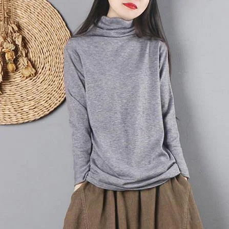 Cozy light gray knitted top clothing high neck knit tops long sleeve