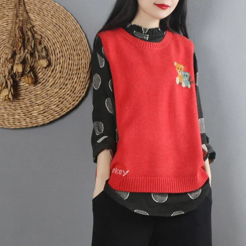 Fashion o neck red knit sweat tops fall fashion sleeveless knit tops