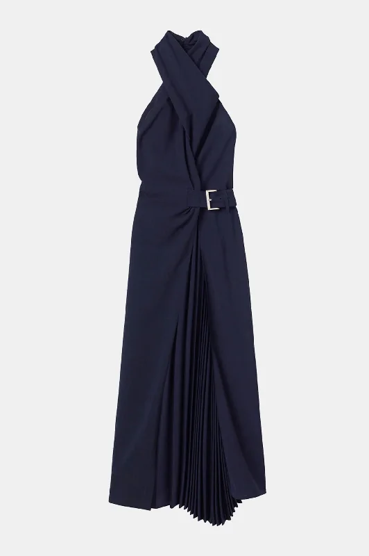 Fiona Pleated Midi Dress in Evening Blue