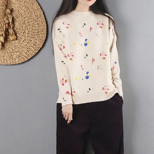 For Spring beige print knitted t shirt plus size clothing o neck knitwear long sleeve