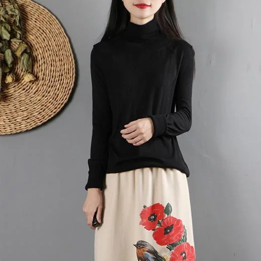 French high neck cotton wild Long Shirts Work black blouses