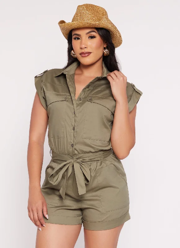 Tie Waist Belted Utility Romper