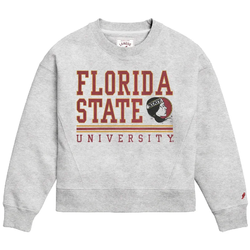 League Women's Vault Florida State University Lady Seminole Logo Boxy Crew Fleece - Ash