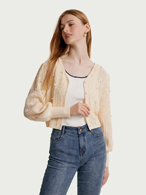 V-neck Beaded Knit Woolen Cardigan