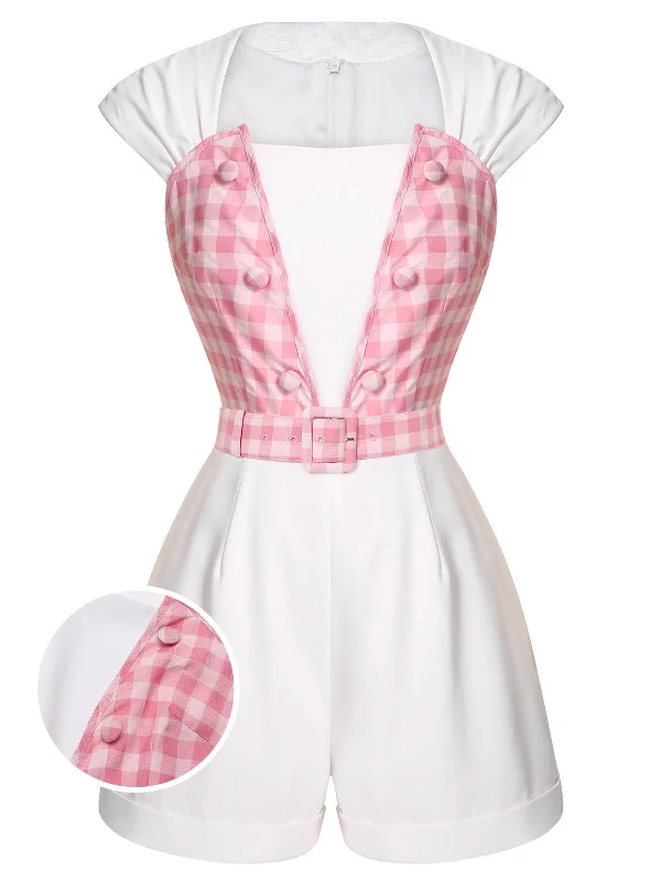 White & Pink 1950s Plaid Romper With Belt