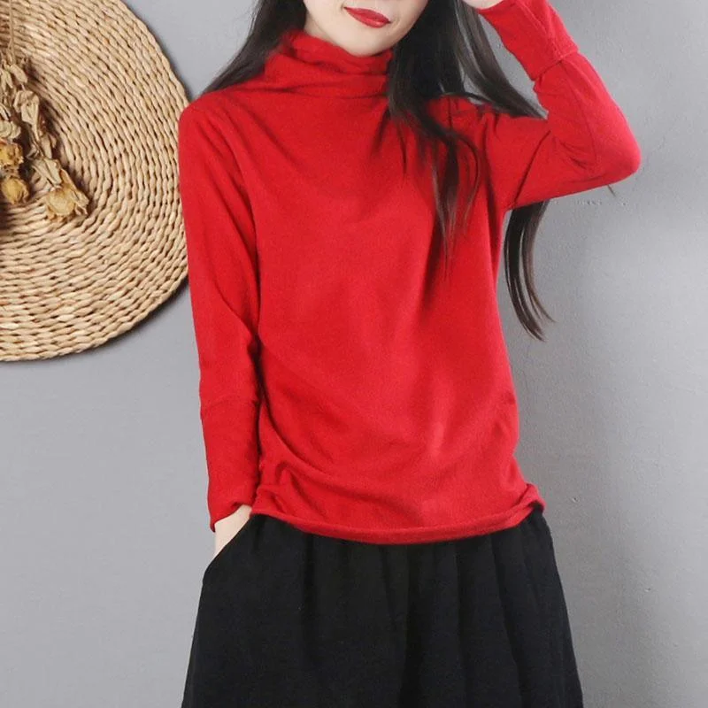 Women high neck red knit tops casual long sleeve knitted t shirt