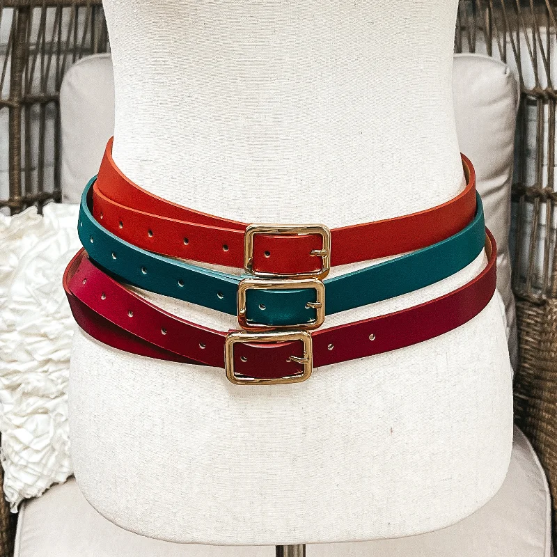 Set of Three | Skinny Fashion Belts in Burgundy, Cognac, and Forest Green