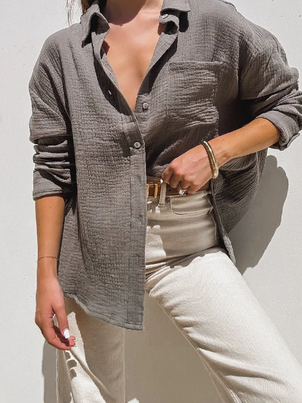 Palms Gauze Button Down in Olive Grey