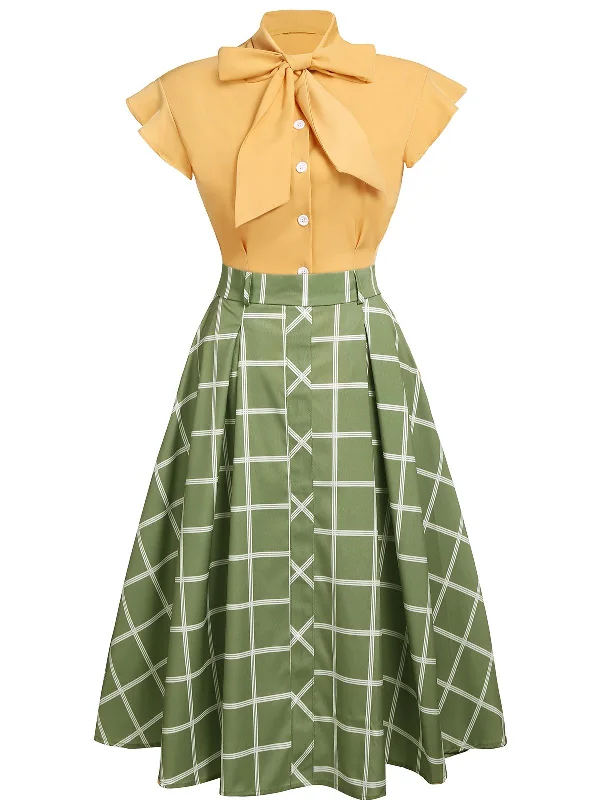 2PCS 1950s Bow Plaid Blouse & Skirt