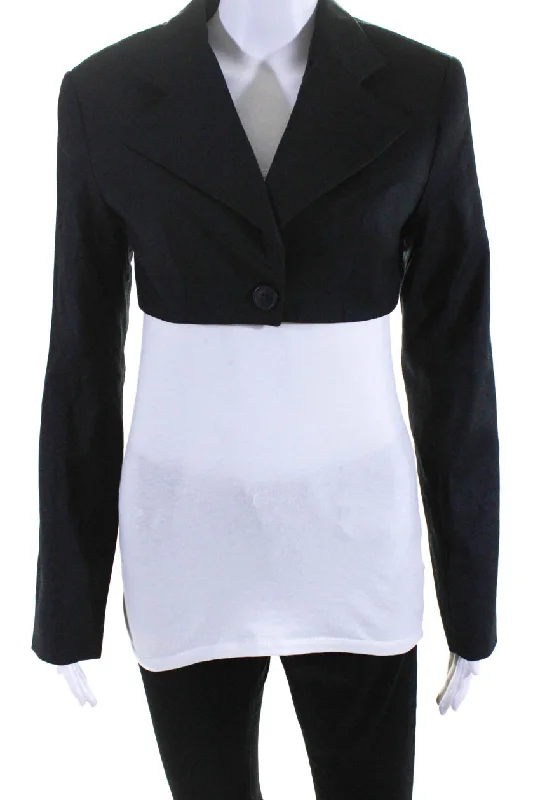 Aya Muse Womens Stok Peak Lapel Cropped Blazer Jacket Black Wool