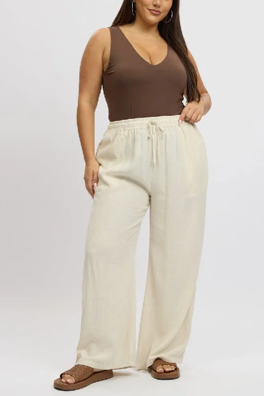 Beige Elastic Waist Wide Leg Linen Blend Pants