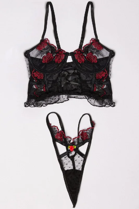 Black Floral Embroidery Lingerie Set