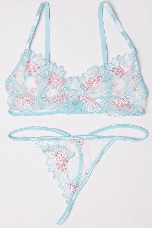 Blue Embroidery Lingerie Set