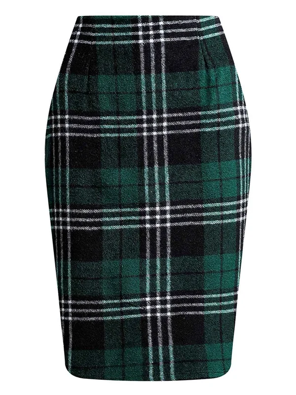 Dark Green 1960s Scottish Plaid Pencil Skirt