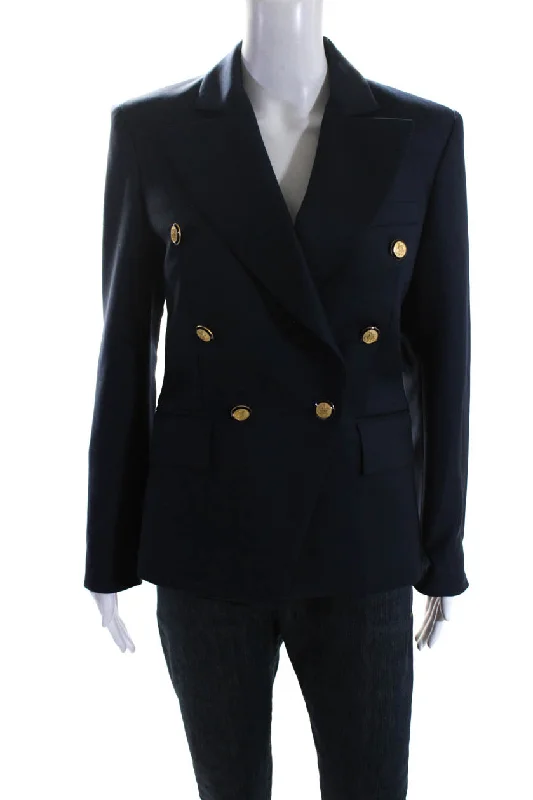 DMN Paris Womens Sateen Double Breasted Peak Lapel Blazer Jacket Navy FR 36