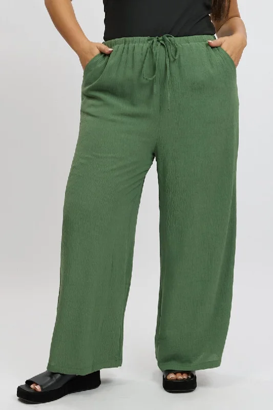 Green Textured Georgette Lined Wide Leg Pants