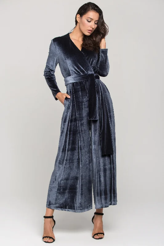 Slate Blue Velvet Sleeved Jumpsuit