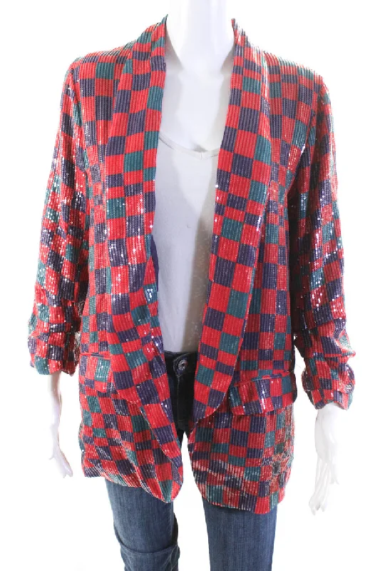 Hutch Womens Sequin Check Print Collared Open Front Blazer Jacket Red