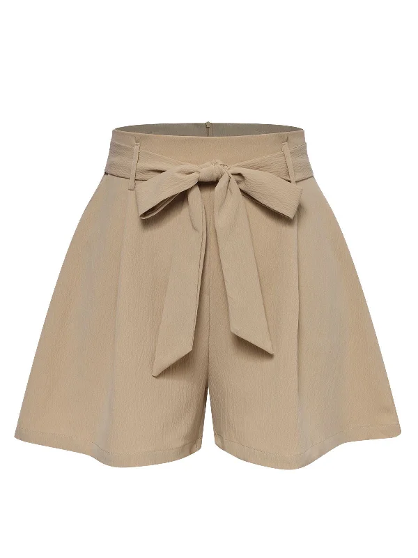 Khaki 1950s Solid Belted Shorts