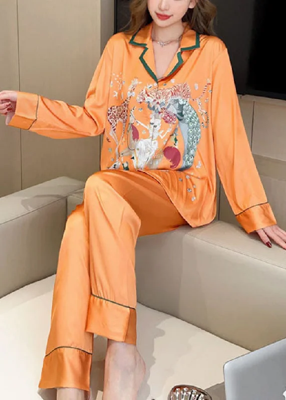 Stylish Orange Peter Pan Collar Print Ice Silk Pajamas Two Piece Suit Set Spring