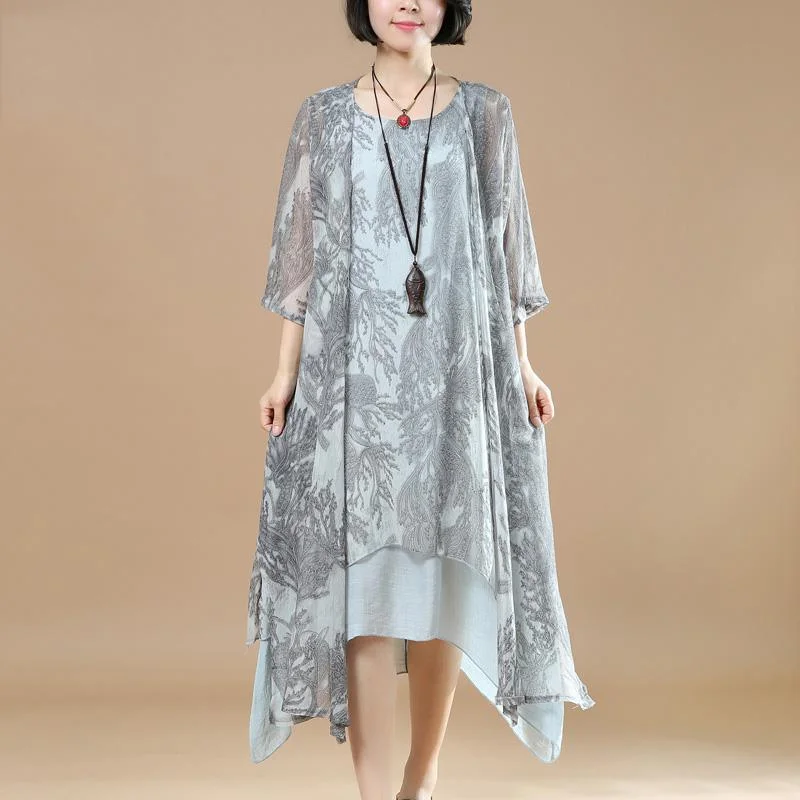 summer gray prints cotton polyester two pieces layered maxi dresses and half sleeve cardigans