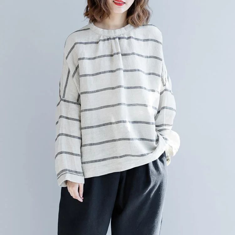 top quality beige striped linen pullover Loose fitting casual cardigans women back open o neck cotton tops