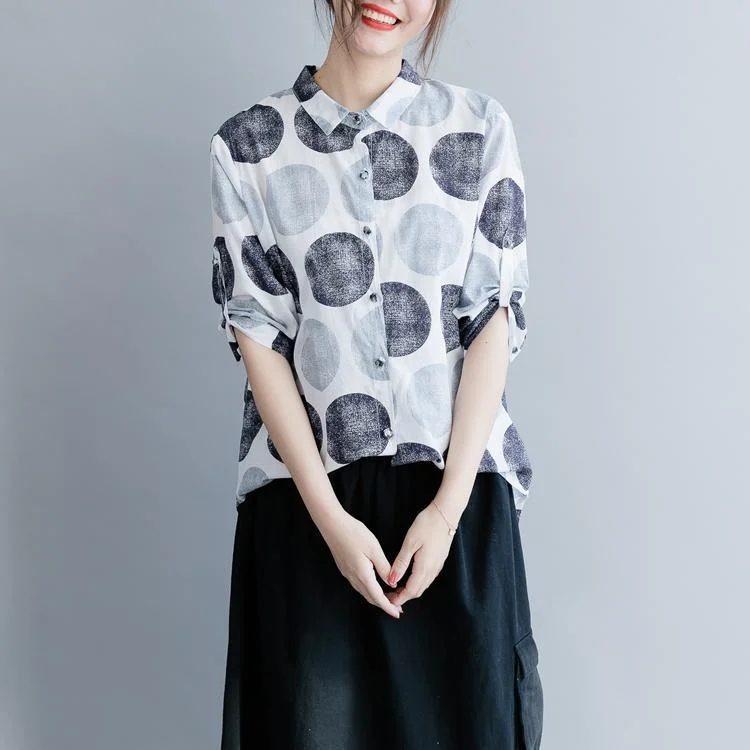 Unique black dotted linen cotton shirts women Omychic lapel Button Down loose Summer tops