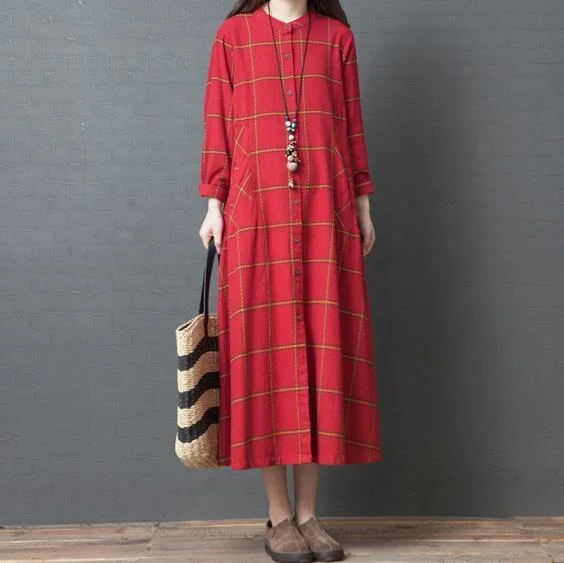 Unique Button Down cotton quilting dresses Plus Size Fabrics red Plaid long Dress