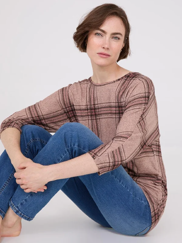 3/4 Sleeve Plaid Top With Side Ruching