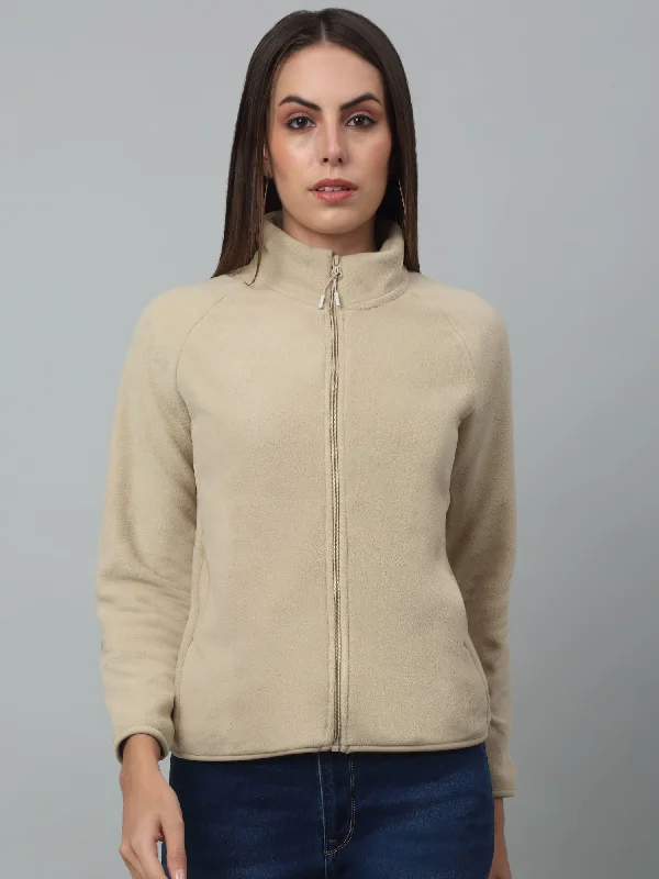 Women's Casual  Beige Raglan Full Sleeve Zipthru  Fleece Sweatshirt