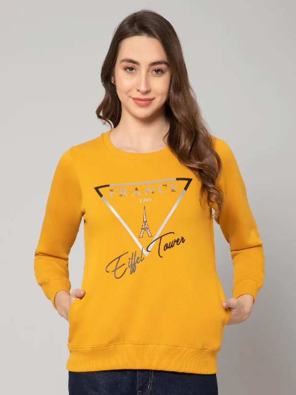 Women's Casual  Mustard Regular Full Sleeve Pullover Sweatshirt