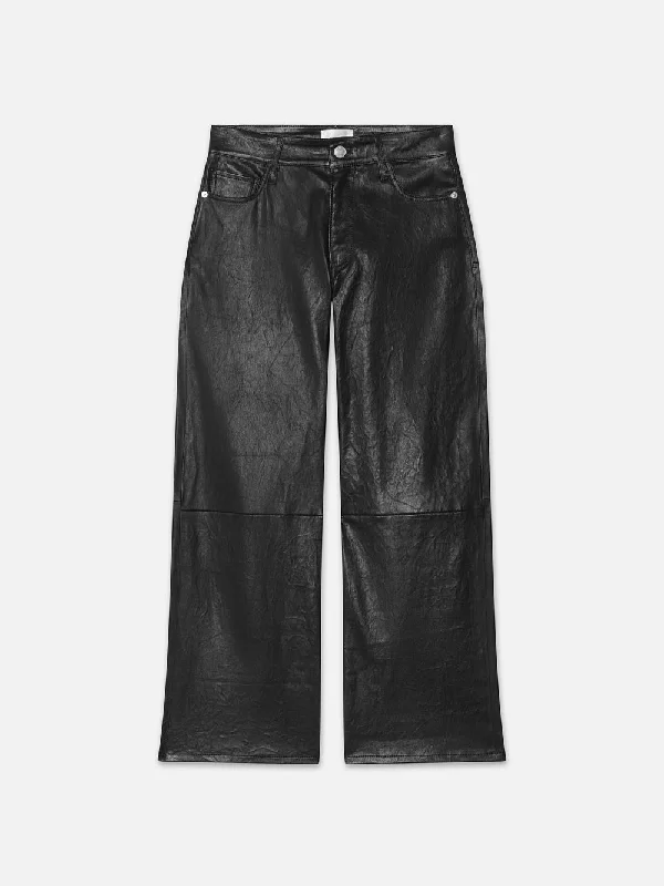 Slim Palazzo Crop Leather Trouser -- Black