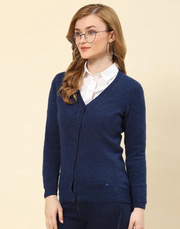 Women Navy Blue Solid V Neck Full Sleeve Cardigan